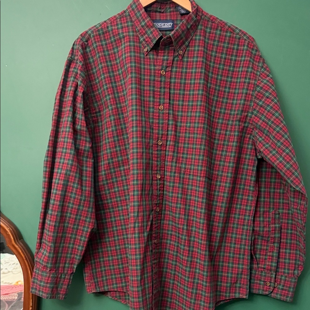 Vintage Lands' End Red & Green Plaid Mens XL/17-17.5 Button-Down Shirt Classic